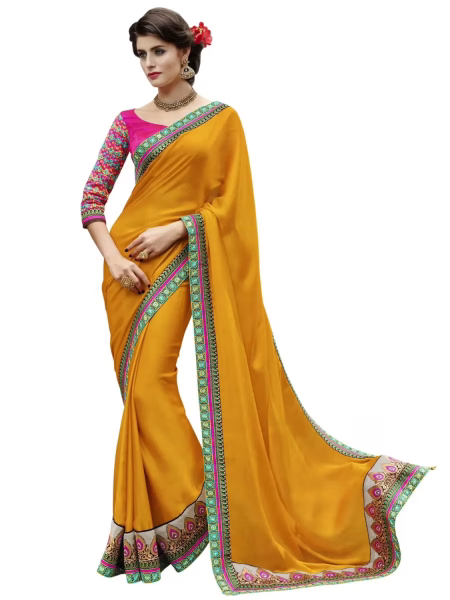 Turmeric Satin Chiffon Traditional Designer Saree With Matching Blouse Piece