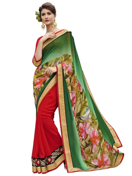 Green & Red Traditional Designer Saree With Matching Blouse Piece