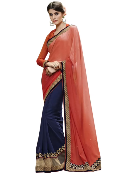 Orange & Navy Blue Satin Chiffon Traditional Designer Saree With Matching Blouse Piece