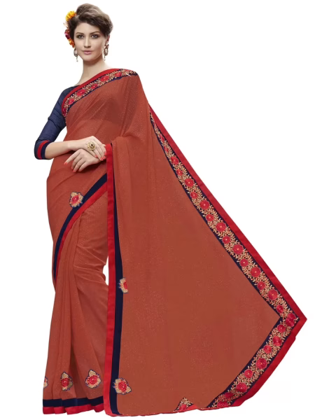 Orange Colour Georgette Traditional Designer Saree With Matching Blouse Piece