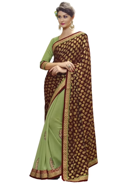 Maroon & Green Traditional Designer Saree With Matching Blouse Piece
