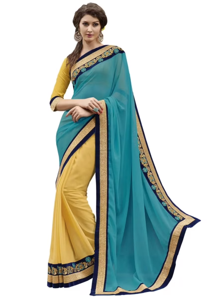 Turquoise & Yellow Traditional Designer Saree With Matching Blouse Piece
