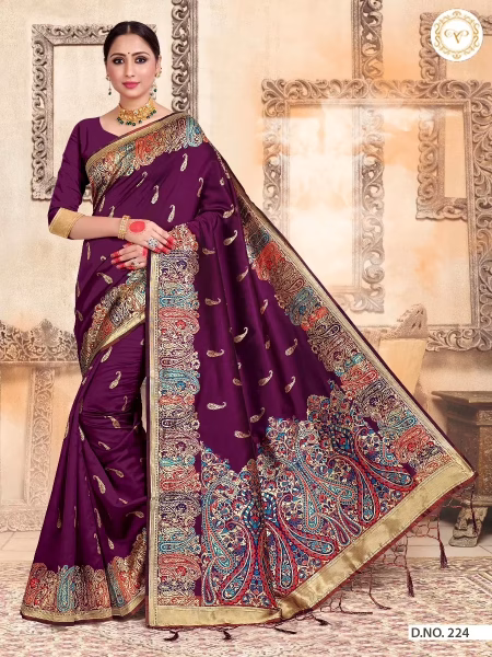 Kashmiri Silk Wine Women Woven Saree