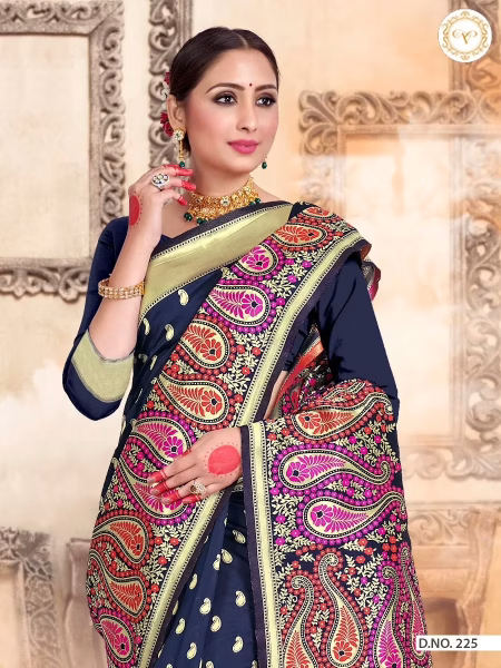 Kashmiri Silk Navy Blue Women Woven Saree