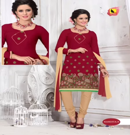 Nandita-B Cotton Green & Orange Color Unstitched Suit