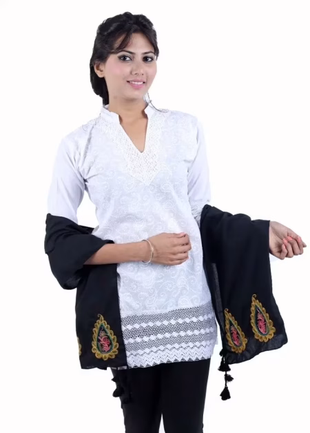 Regal Black Hina Pure Cotton Embroidered Stole for women