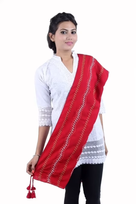 Red Regal Pure Cotton Embroidey Stole with tassels for women