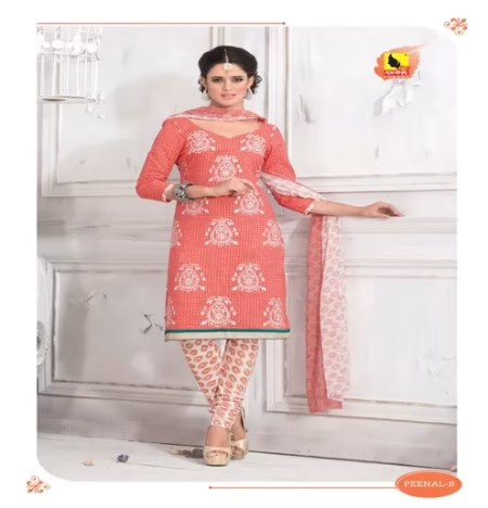 Peenal-B Cotton Cream & Pink Color Unstitched Suit