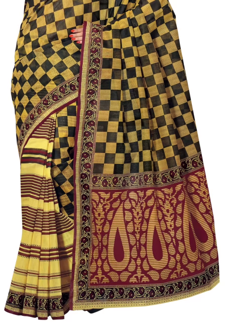 Cotton Bazaar Light Yellow & Black Cotton Printed Saree