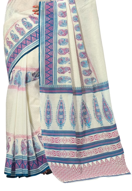 Cotton Bazaar White Cotton Printed Saree