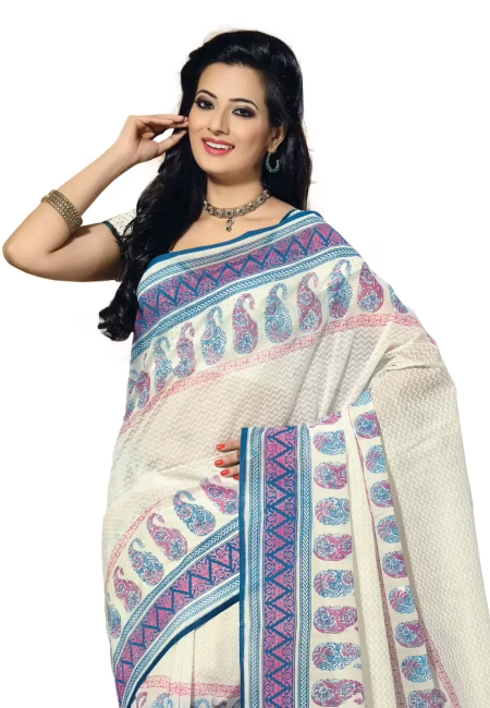 Cotton Bazaar White Cotton Printed Saree