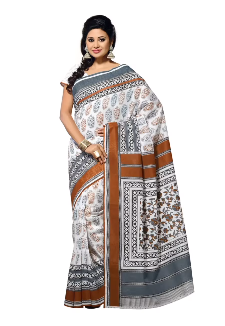 Cotton Bazaar White Cotton Print Saree
