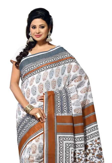 Cotton Bazaar White Cotton Print Saree
