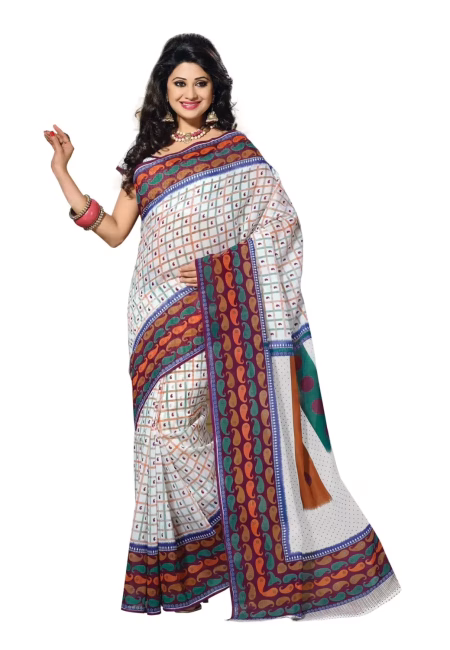 Cotton Bazaar White Cotton Printed Saree-1