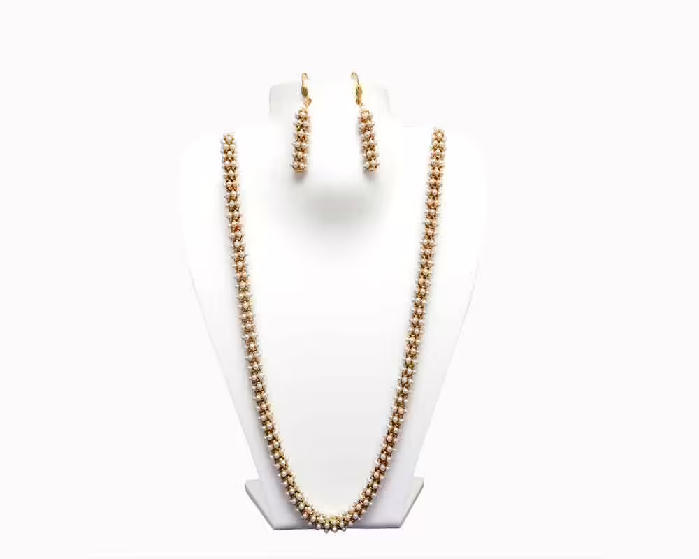 RK Gold & White Necklace Set With Ear Rings