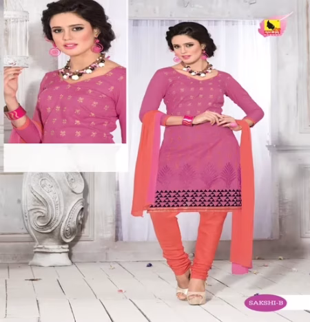 Sakshi Cotton Red & Purple Color Unstitched Suit