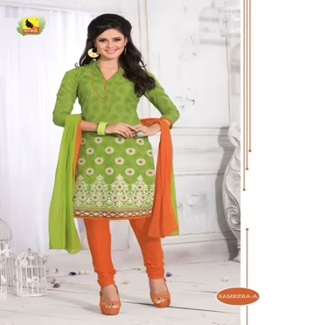 Sameera-A Cotton Orange & Red Color Unstitched Suit