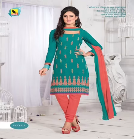 Savya-A Cotton Green & Rust Color Unstitched Suit