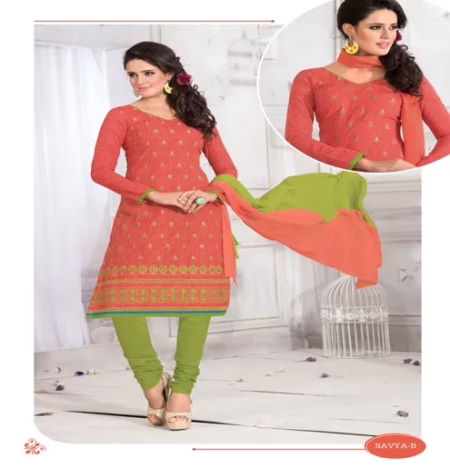 Savya-B Cotton Peach & Mehandi Green Color Unstitched Suit