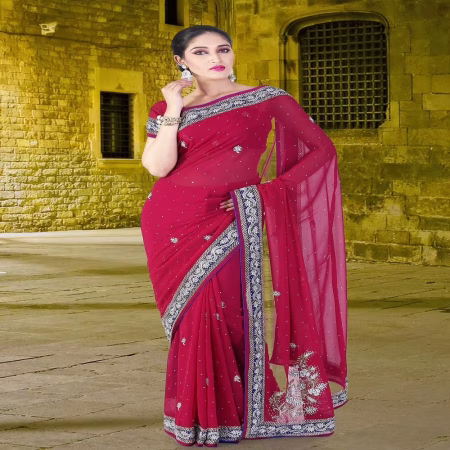 Pazaar Red-violet Embroidered Party Saree With Zari Thread