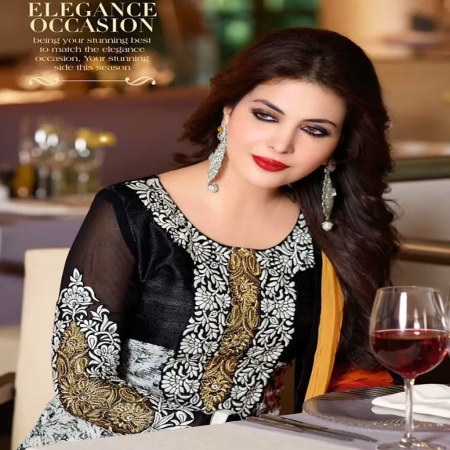 F3 Fashion Black & White Printed & Embroidered Anarkali Suit