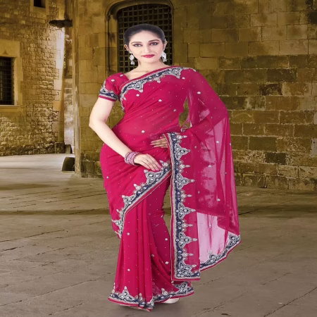 Pazaar Red-violet Embroidered Party Saree With Zari Thread