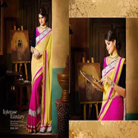 Hi Fashion Yellow & Pink Georgette Embroidered Saree