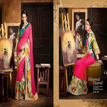 Hi Fashion Pink Georgette Floral Printed Saree