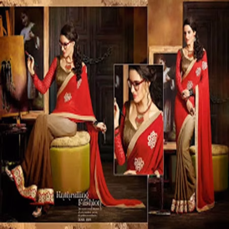 Hi Fashion Red & Grey Georgette Embroidered Saree