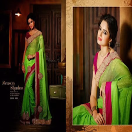 Hi Fashion Green Super Net Embroidered Saree