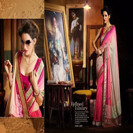 Hi Fashion Cream & Pink Georgette Embroidered Saree
