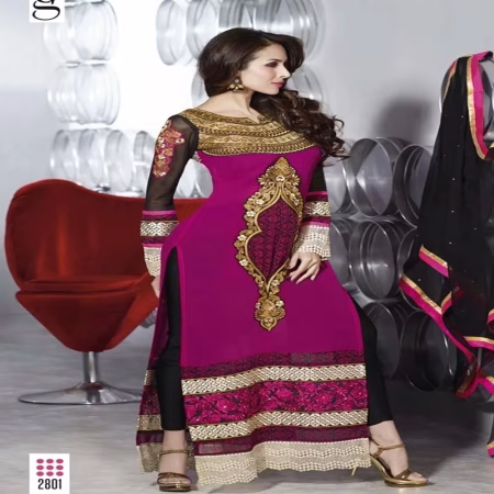 F3 Fashion Dark Pink & Black Straight Cut Pakistani Style Suit