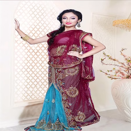 Pazaar Dulari Red-Violet Embroidered Party Lehenga Style Saree