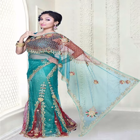 Pazaar Dulari Teal Green and Maroon Embroidered Party Lehenga Style Saree