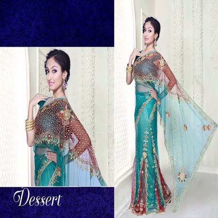 Pazaar Dulari Teal Green and Maroon Embroidered Party Lehenga Style Saree