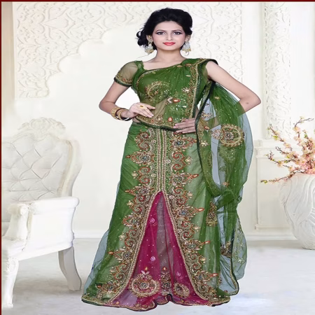 Pazaar Dulari Olive-Drab Green & Deep Cerise Pink Embroidered Party Lehenga Style Saree