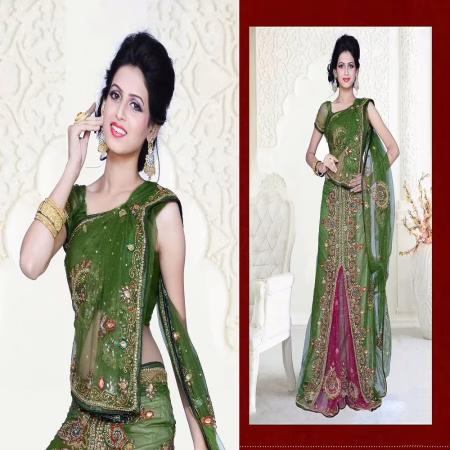 Pazaar Dulari Olive-Drab Green & Deep Cerise Pink Embroidered Party Lehenga Style Saree