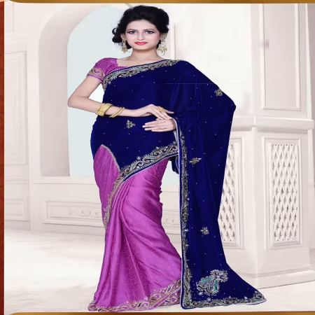 Pazaar Dulari Sapphire Blue & Fuchsia Pink Embroidered Party Saree