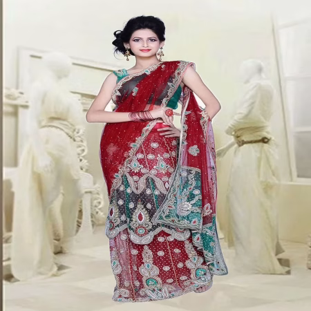 Pazaar Dulari Venetian Red Embroidered Party Lehenga Style Saree