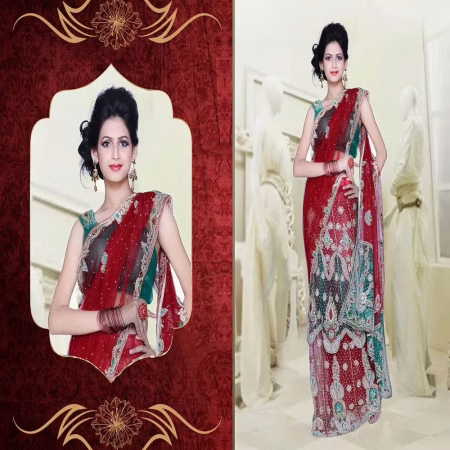 Pazaar Dulari Venetian Red Embroidered Party Lehenga Style Saree