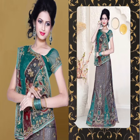 Pazaar Dulari Teal Green and Maroon Embroidered Party Lehenga Style Saree