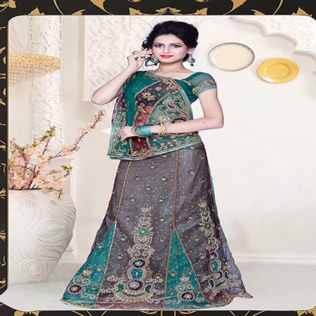 Pazaar Dulari Teal Green and Maroon Embroidered Party Lehenga Style Saree