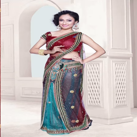 Pazaar Dulari Maroon Embroidered Party Lehenga Style Saree
