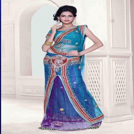 Pazaar Dulari Bondi Blue Embroidered Party Lehenga Style Saree