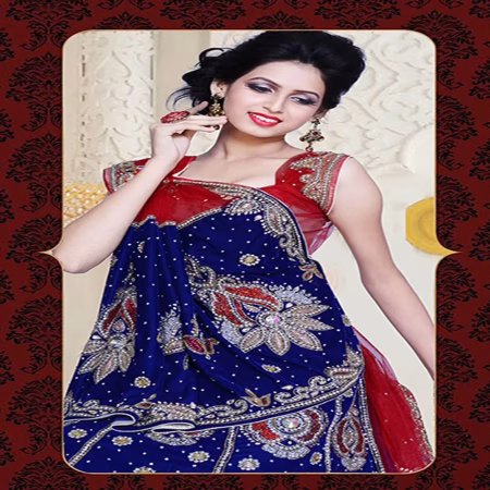 Pazaar Dulari Navy Blue and Rose-madder Red Embroidered Party Lehenga Style Saree