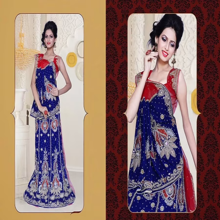 Pazaar Dulari Navy Blue and Rose-madder Red Embroidered Party Lehenga Style Saree