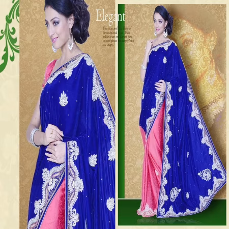 Pazaar Mayuri Sapphire Blue & Amaranth Pink Embroidered Party Saree
