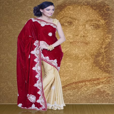 Pazaar Mayuri Maroon & Peach Yellow Embroidered Party Saree