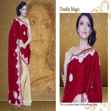 Pazaar Mayuri Maroon & Peach Yellow Embroidered Party Saree