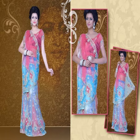 Pazaar Mayuri Brink Pink & Electric Blue Embroidered Party Lehenga Saree